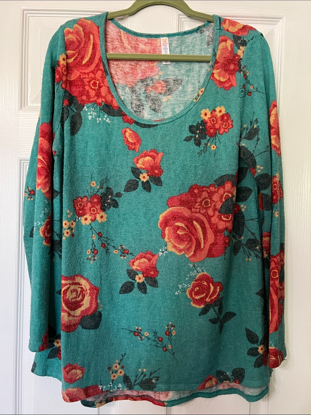 LuLaRoe Teal Long-Sleeve Top with Red Rose Floral Print
